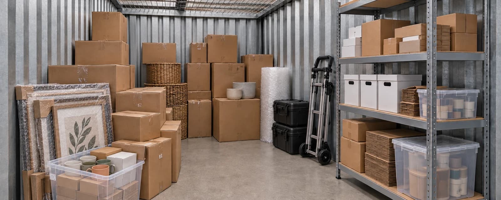 Storage unit holding shop stock, archive boxes, packing supplies and equipment