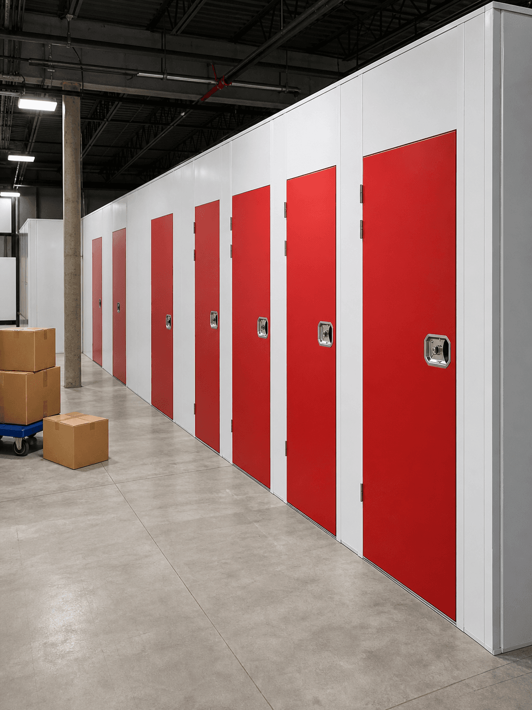 Modern self-storage corridor with tidy unit doors and moving boxes