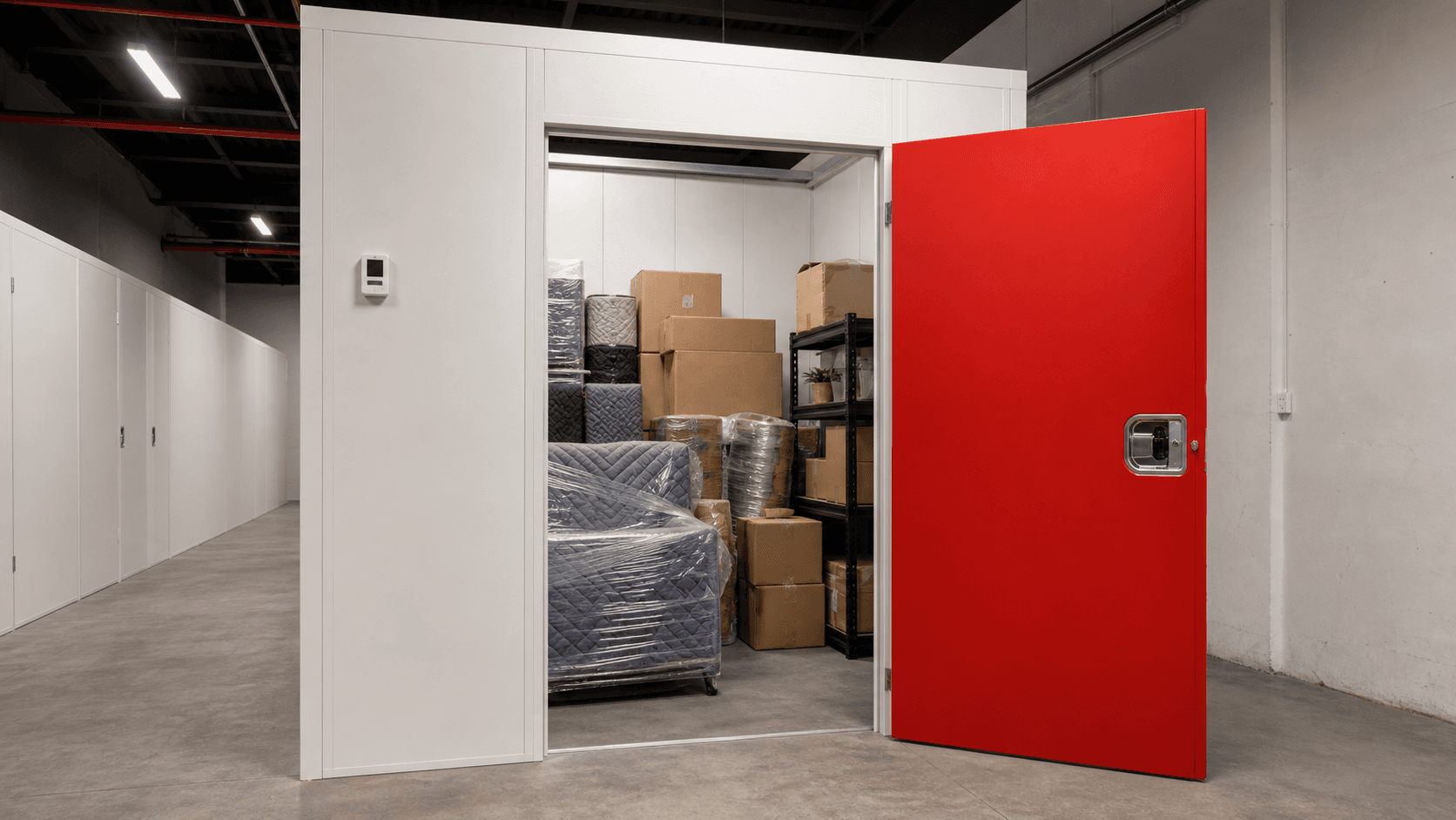 Climate-controlled storage unit with wrapped furniture, boxes, and a wall control panel