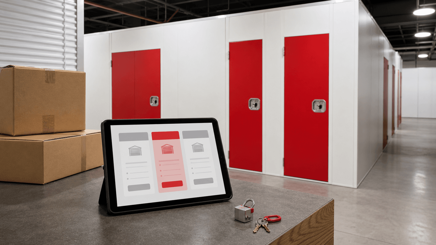 Transparent storage unit pricing shown on a tablet at a self-storage reception desk