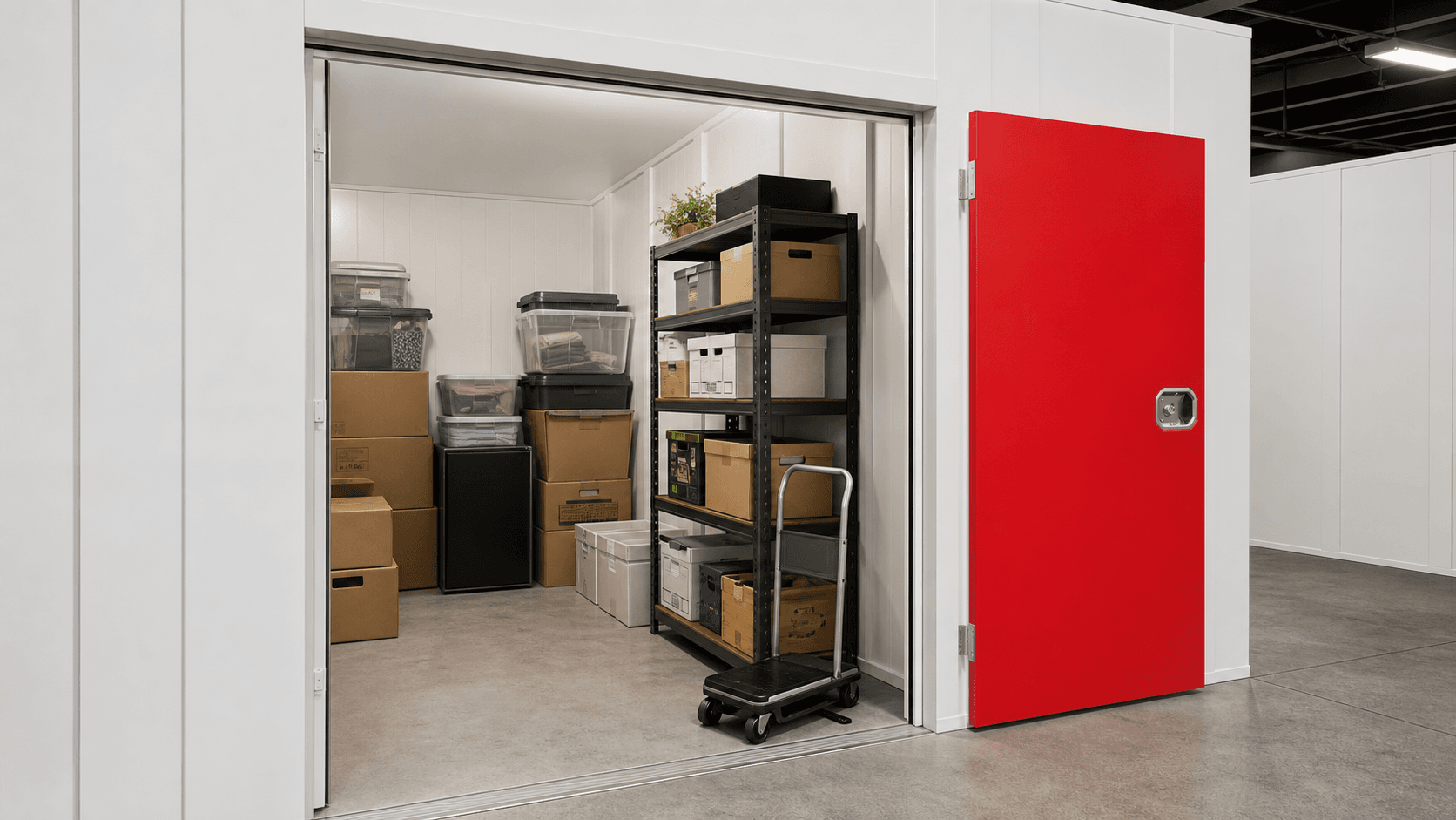 Organized self-storage unit with boxes, shelving, packing supplies, and a trolley